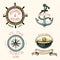 Set of engraved vintage, hand drawn, old, labels or badges for anchor, steering wheel, captains cap, compass. Marine and