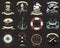 Set of engraved vintage, hand drawn, old, labels or badges for anchor, steering wheel, captains cap, compass. Marine and