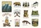 Set of engraved vintage, hand drawn, old, labels or badges for camping, hiking, hunting with mountains, campfire and
