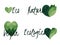 Set of environmental badges with flat hearts made of leaves. Vegan, nature and ecology. Vector object