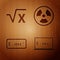 Set Equation solution, Square root of x glyph, Equation solution and Radioactive on wooden background. Vector