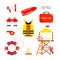 Set of equipment beach lifeguards cartoon style. Vector illustration of loudspeaker, sunglasses, life buoy and vest, whistle,