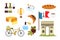 Set of equipment france cartoon style. Vector illustration of grapes, flag with tower, croissants, coffee, spirits