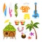Set of equipment for vacationers in Hawaii cartoon style. Vector illustration of Hawaiian house, palm trees, shells, coconut