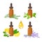 Set of essential oil in amber glass dropper bottle isolated on white.
