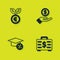 Set Euro plant, Briefcase and money, Graduation cap coin and Hand giving icon. Vector