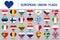 Set of European Union flags, heart icons, Europe countries flags