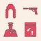 Set Evidence bag and bullet, Judge wig, Pistol or gun with silencer and Police officer icon. Vector