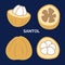 Set of exotic fruit santol. Vector doodle illustration of whole and sliced tropical fruit isolated on blue background