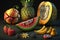 Set of exotic fruits on dark background