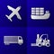 Set of export import icons - plane, cargo ship, truck and forklift - transport