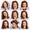 A set of expressions of a young woman with different emotions. Beautiful brunette. White background. Collage. Square format