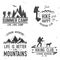 Set of extreme adventure badges. Mountains related typographic quote.