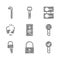Set Eye scan, Lock, Key, Undefined key, picks for lock picking, Broken cracked, Casting keys and Crowbar icon. Vector