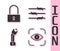 Set Eye scan, Lock, Police electric shocker and Barbed wire icon. Vector