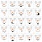 Set of faces of snowmen with smiles, laughter and nose with carrot. Collection of emoticons and emoji. Black and outline element.
