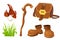 Set fairy forest with pair brown leather walking boots, grass, wooden stick, magic bag and mushrooms in cartoon style