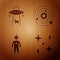 Set Falling stars, UFO abducts cow, Astronaut and Solar system on wooden background. Vector