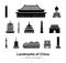 set of famous landmark of China silhouette style with black and white classic color design
