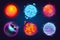 Set of fantastic planets, cartoon galaxy asteroids