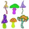 Set of fantastic, psychedelic, decorative mushrooms on a white