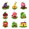 Set of fantasy houses in form of eggplant, pear, cupcake, mushroom, apple, strawberry, watermelon and lemon. Colorful