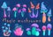Set of fantasy neon mushrooms on blue background. Cartoon magic mushrooms.