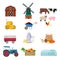 Set of farm buildings, animals and products