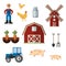 Set of farm color icons, design elements isolated on white background.