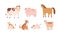 Set of farm and domestic animals and pets. Adorable cow with bell, funny pig, horse, goat, rabbit, dog with collar and