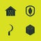 Set Farm house, Bale of hay, Sickle and Shield corn icon. Vector