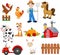Set of farming cartoon with farmer, tractor, barn, animals, fruits and vegetables
