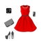 Set of fashion clothes: red dress, shoes, clutch and accessories