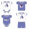 Set of fashion costumes for babies with prints with sport shoes. Trendy tracksuits for baby boy in blue and white colors.
