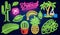 Set of fashion neon sign. Cactus and pineapple, tropical plants, palm trees and leaves. Night bright signboard, Glowing