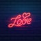 Set of fashion neon sign. Night bright signboard Love, Glowing light banner. Summer logo, emblem. Club or bar on dark