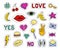 Set of fashion patches. Different badges and pins. Hearts, lips, cherry, banana, eye, key, lollipop, hashtags and