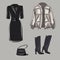 A set of fashionable beige jacket, black dress and boots. Basic wardrobe. Clothes, shoes, bags for every day. Vector isolated imag