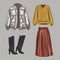 A set of fashionable beige jackets, warm jackets, skirts and boots. A basic wardrobe. Store. Shopping. Clothes, shoes, bags every