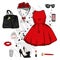 A set of fashionable women`s clothing and accessories. Dress, bag, shoes with heels, lipstick, perfume and glasses.