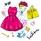 A set of fashionable women`s clothing and accessories. Dress, bag, shoes with heels, lipstick, perfume and glasses.