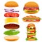 set of fast food burger ingredients tomato slices, cutlet, lettuce, onion and a slice of cheese