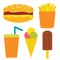 Set with fast food: cheeseburger, french fries, ice cream, soda