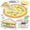 Set fast food, cut pizza, sandwich, cheese, mushrooms and sauces