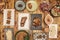Set of fast food dishes and typical Spanish tapas, alioli potatoes, acorn-fed ham tray, assorted croquettes, Galician empanada,