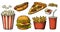 Set fast food. Glass of cola, hamburger, pizza, hotdog, fries potato in paper box, carton bucket full popcorn