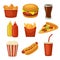 Set fast food icon. Cup cola, chips, burrito, hamburger, pizza fried chicken legs symbol for fast food delivery or takeaway packag