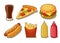 Set fast food icon. Glass of cola, hamburger, pizza, hotdog, fries potato in red paper box, bottles of ketchup