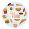 Set of fast food icon, objects. Colorful detailed collection of meal isolated on white background in cartoon flat style
