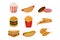 Set of fast food icon, objects. Colorful detailed collection of meal isolated on white background in cartoon flat style